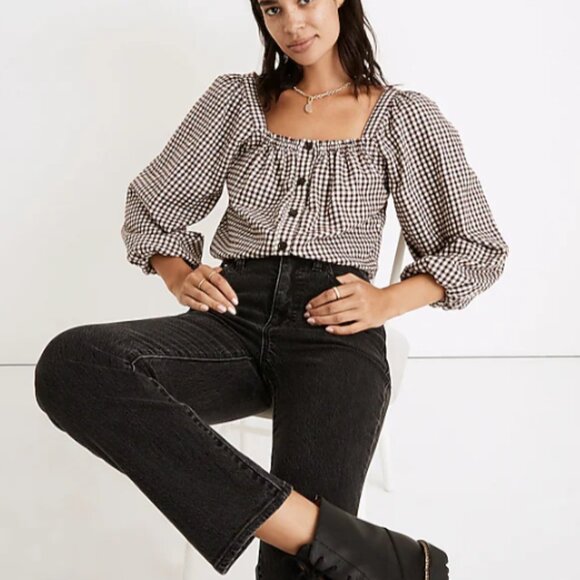 Madewell Tops - Puff-Sleeve Button-Front Crop Top in Plaid